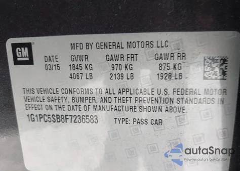 2015 Chevrolet Cruze 1Lt Auto from USA, damaged, VIN 1G1PC5SB8F7236583